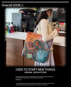 Sac à bandoulière en toile imprimé éléphant style ethnique grand cabas décontracté.