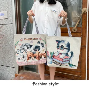 Cute cartoon cat canvas tote bag casual shoulder bag large capacity shopping bag for women.