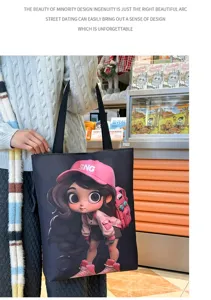 Black canvas tote bag for women, large capacity shoulder shopping bag with cute cartoon girl print.