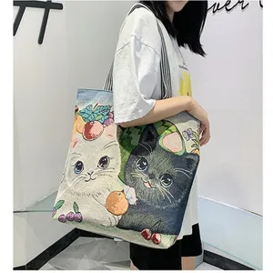 Niedliche Katzenmuster Canvas Tote Bag, lässige Schultertasche mit gewebtem Obst-Design.