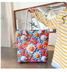 Colorful smiley flower canvas tote bag with thick rope handles, casual beach shoulder bag.