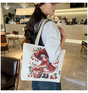 Borsa shopper casual in tela da donna con stampa carina di ragazza cartone animato ciliegia