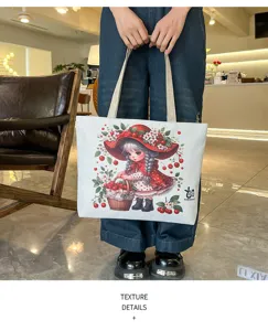 Borsa shopper in tela con stampa di ragazza cartone animato vintage ciliegia casual donna.