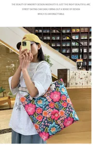 Borsa tote in tela con ricamo floreale 3D colorato, grande borsa a tracolla casual da donna.