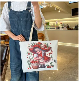 Borsa shopper in tela con stampa di ragazza cartone animato e ciliegie, borsa a tracolla casual.