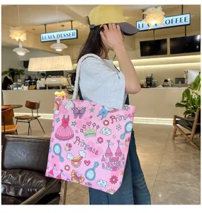 Pink canvas tote bag featuring cute princess cartoon patterns and thick rope handles for daily use.