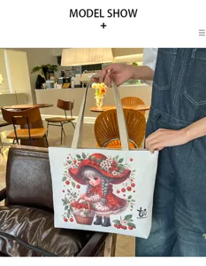 Borsa shopper in tela da donna con stampa di cartoni animati di fragole, borsa casual.