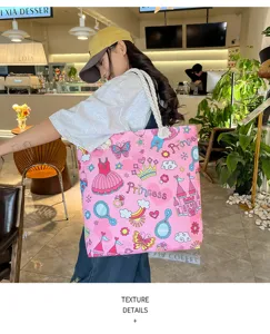 Fashion pink canvas shoulder bag for women, cute princess print casual beach tote bag.
