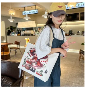 Borsa a tracolla in tela carina con stampa ragazza ciliegia vintage, borsa estetica casual.