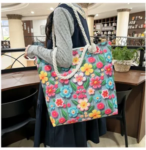 Borsa tote floreale in tela da donna, borsa a tracolla di grande capacità con manici in corda.