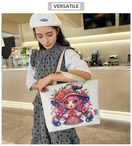Borsa shopper in tela con stampa elfica di cartoni animati colorati per donna uso quotidiano.