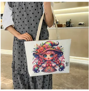 Borsa a tracolla in tela casual da donna con stampa di simpatici cartoni animati, borsa da mare.
