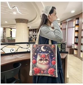 Niedliche Katzen Canvas Tasche Damen, retro Blumen Schultertasche, bequeme Einkaufstasche.