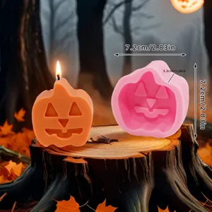 Detail shot showing Halloween pumpkin candle and silicone mold, size 7.2cm, festive decor.