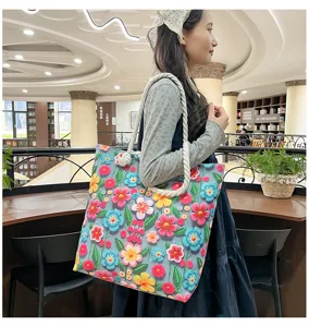 Borsa tote in tela di grande capacità alla moda con ricamo floreale 3D colorato, borsa a tracolla.