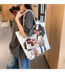 Μεγάλη τσάντα tote από καμβά με χαριτωμένο print κοριτσιού, μοντέσνα casual τσάντα ώμου.