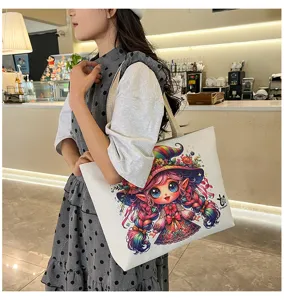 Borsa shopper in tela casual da donna con stampa elfo cartone animato colorato quotidiana.