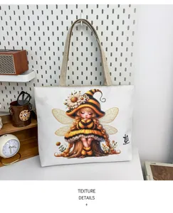 Borsa shopper in tela con stampa di fata d'api di cartone animato carina, borsa a tracolla.