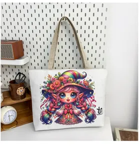 Borsa shopper in tela con stampa di elfi di cartoni animati borsa a tracolla casual per uso