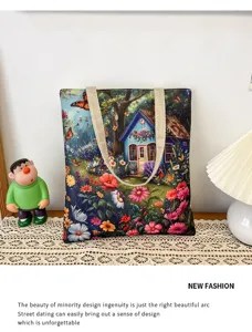 Leinwand Tragetasche mit vintage Oelmalerei Garten Haus Druck, laessige Schultertasche Damen.
