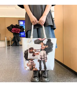 Τσάντα tote από καμβά με τύπωμα κοριτσιού κινούμενων σχεδίων, μεγάλη τσάντα ώμου.
