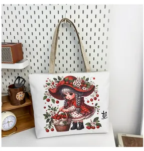 Borsa tote casual in tela con stampa di ragazza cartone animato, borsa a tracolla chic.