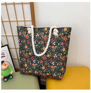 Borsa tote in tela floreale con manici in corda spessa, borsa a spalla casual capiente mare.