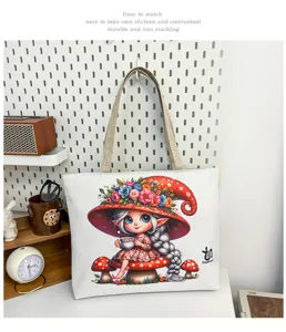 Borsa tote in tela borsa a spalla casual grazioso disegno animato fungo ragazza stampa.