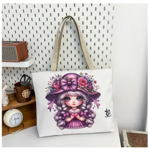 Borsa di tela con stampa di ragazza di cartone animato, borsa a tracolla casual per tutti i giorni.