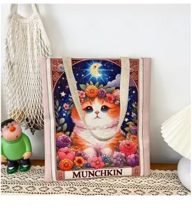 Niedliche Katzen-Leinen-Tragetasche für Damen, ästhetische Blumen-Schultertasche detail.