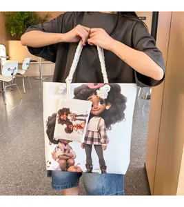 Τσάντα shopper από καμβά με χαριτωμένο καρτούν print και τσαντάκι, μεγάλη casual τσάντα.