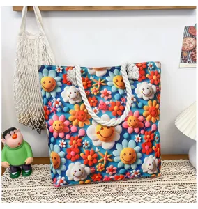 Canvas beach bag detail, cute smiley flower pattern, double-sided print with rope handles.