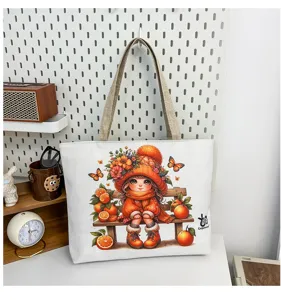 Borsa a tracolla in tela da donna con stampa di motivo di ragazza di cartone animato e arancia.