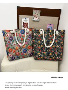 Borsa shopper in tela ricamata a fiori con manici in corda, borsa a tracolla casual capiente.