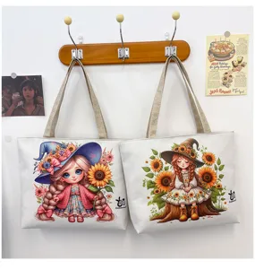 Borsa shopper in tela casual con stampa di ragazza di cartone animato e girasole.