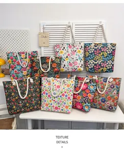 Borsa shopper in tela ricamata a fiori, grande borsa a spalla casual per spiaggia e vita.