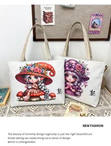 Borsa shopper in tela con grazioso disegno di elfo e funghi, elegante borsa casual.
