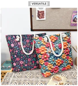 Canvas floral tote bag with rope handle, casual beach shoulder handbag for women daily use.