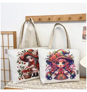 Vista di dettaglio della borsa in tela con illustrazione di ragazza cartone animato, borsa casual.