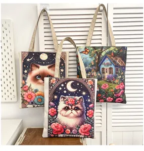 Leinwand Tragetasche Mode Cartoon Katze Druck Schultertasche Freizeit Einkaufen Strand