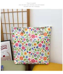 Borsa tote in tela con fiori da donna, grande borsa a spalla da spiaggia con manici in corda.