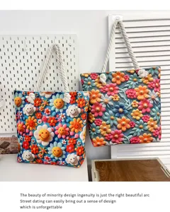 Double sided pattern beach canvas tote bag casual shoulder rope handle shopping handbag for women