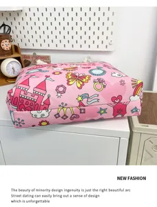 Pink canvas beach bag tote bag with cute cartoon castle and butterfly prints for daily shopping.