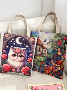 Canvas Tragetasche mit niedlicher Katze und Blumen Kunstdruck, Freizeit Schultertasche.