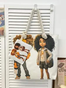 Tσάντα shopper από καμβά με χαριτωμένο σγουρό κορίτσι, μεγάλη casual τσάντα παραλίας με θήκη.