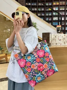 Borsa Tote da Donna in Cotone Lino Floreale Grande Capacità Blocchi di Colore Tracolla Casual Spiaggia Con Manici in Corda