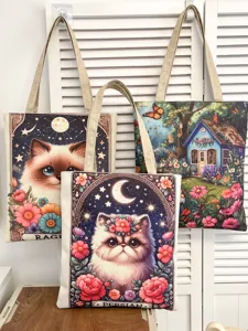 Leinen Tragetasche laessige Schulter Einkaufstasche suesse Katze Landschaftsprint Alltag Handtasche