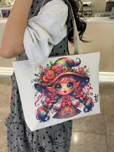 Borsa Tote in Tela con Grafica Ragazza Cartone Animato Grande Capacità Borsa a Tracolla Casual per Donna Studente Scuola Spiaggia