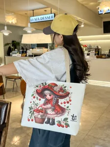 Borsa tote in tela da donna, graziosa borsa a tracolla con grafica di cartoni, casual.