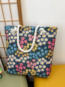 Borsa tote in tela con stampa floreale, grande borsa a spalla casual per spiaggia e shopping.